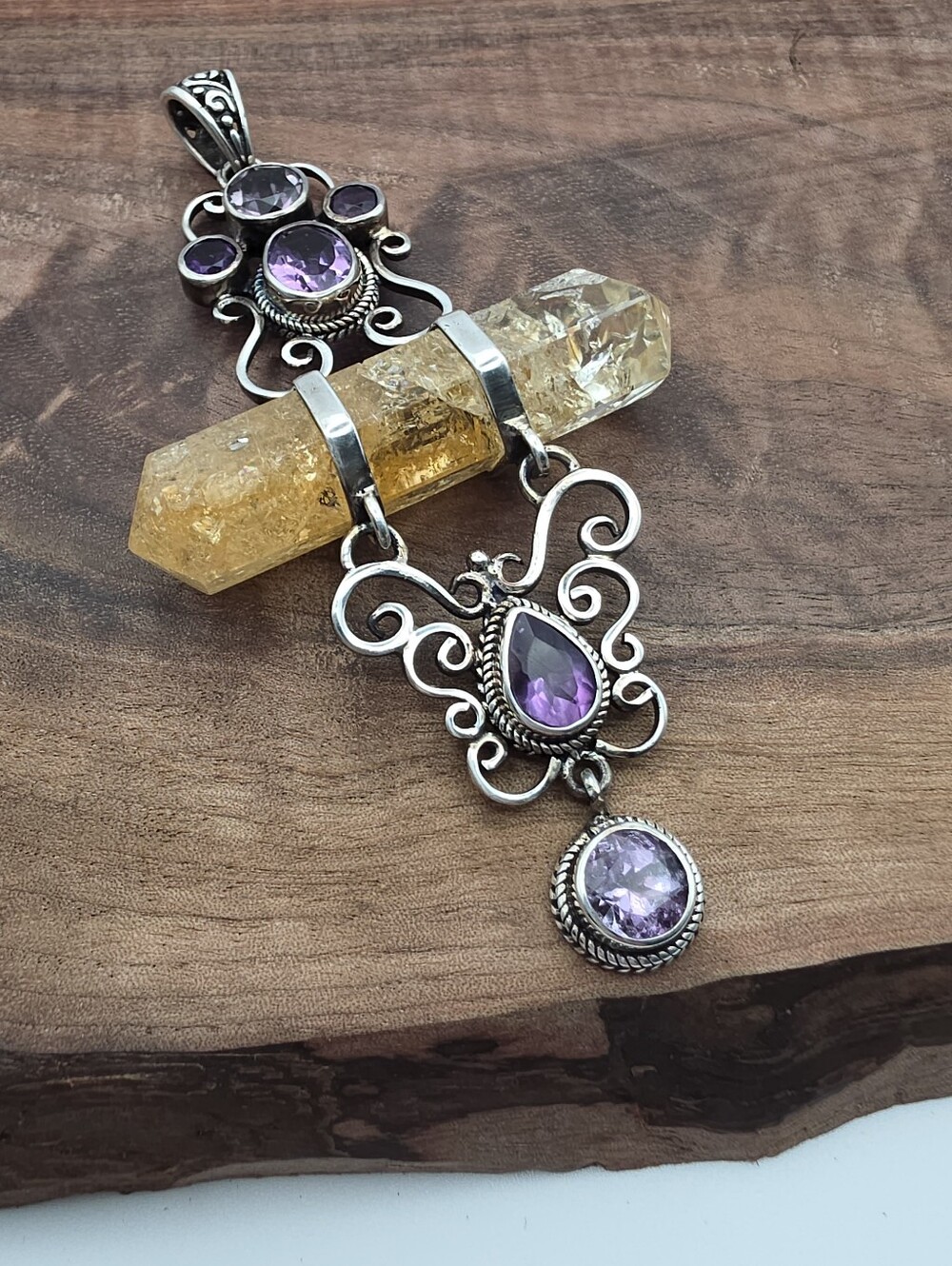 Sterling Silver Bali Amethyst Quartz Crystal Statement Enhancer Slide Pendant